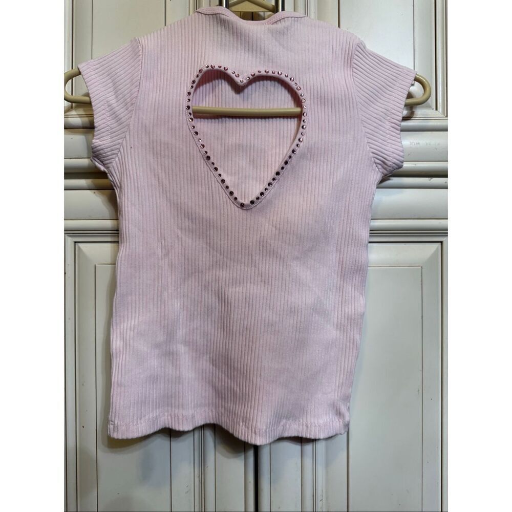 Zara Girls Ribbed Cutout Heart Rhinestones Short Sleeve Top Pink Size 11-12 NWT